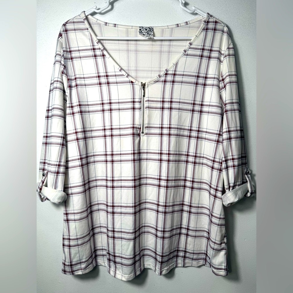 NAIF Plaid Zip Front Tunic Top | Roll Tab Sleeve Casual